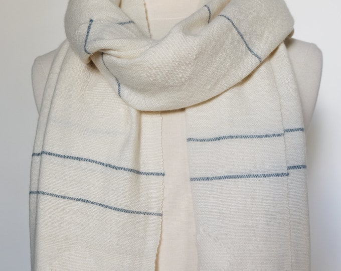 Pom pom handloomed cashmere shawl, ivory and slate, natural un dyed product.