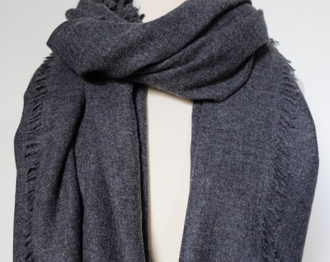 Luxurious cashmere fringe shawl,  charcoal grey, natural un dyed product.