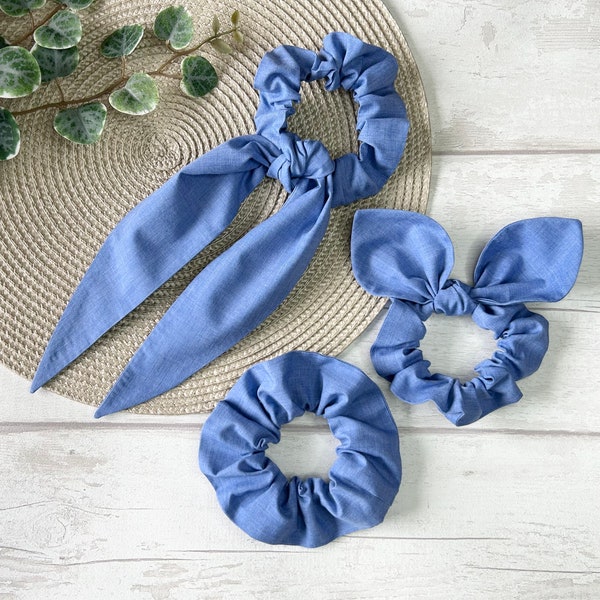 Scrunchie, Scarf Tail, Bunny Eared, Chambray, Women’s, Hair Accessories, Hair Tie, Birthday Gift, Christmas Present, Stocking Filler