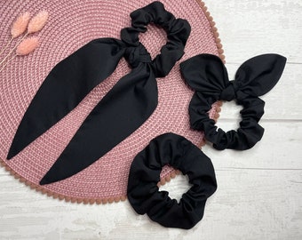 Scrunchie, Scarf Tail, Bunny Eared, Black, Women’s, Hair Accessories, Hair Tie, Birthday Gift, Christmas Present, Stocking Filler