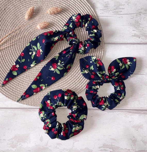 Scrunchie, Scarf Tail, Bunny Eared, Cherry Print, Women display picture 2