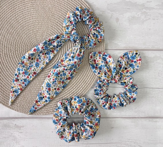 Ditsy Floral Scrunchie, Cotton Hair Scrunchie, Scarf Scrunchie, Bunny Ear Scrunchie, Handmade Hair Accessories