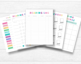 May include: A set of white paper reading log planner inserts with colorful headers. The pages feature sections for tracking books, reading goals, reviews with star ratings, and a reading challenge grid. The text includes Reading Log, Reviews, and Reading Challenge.