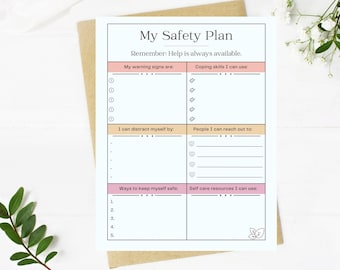 May include: A printable safety plan worksheet with sections for identifying warning signs, coping skills, distractions, people to reach out to, ways to stay safe, and self-care resources. The worksheet has a pink and peach color scheme.