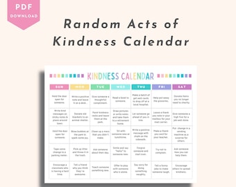 Könnte beinhalten: Ein farbenfroher druckbarer Kalender mit dem Titel "Random Acts of Kindness Calendar". Der Kalender hat ein Raster mit den Wochentagen und Vorschlägen für zufällige Freundlichkeiten, die man jeden Tag tun kann.