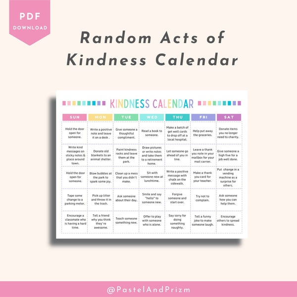 Kindness Calendar for Kids, Girls Kindness Printable, Kids Gratitude, Classroom Kindness, Random Acts of Kindness, Pay It Forward, RAOK