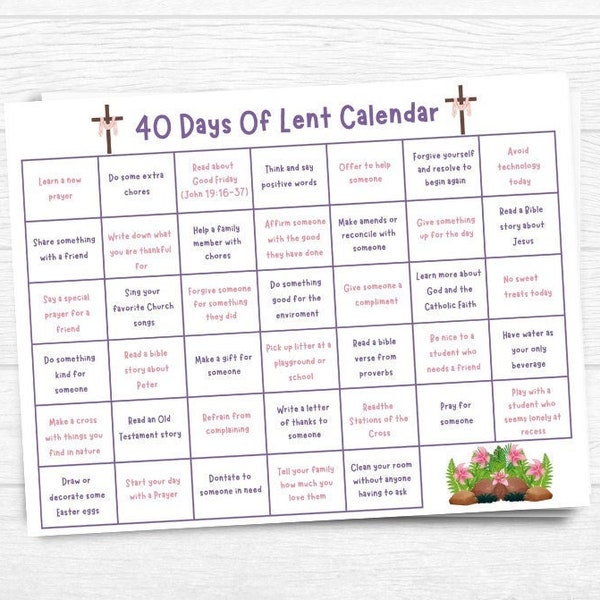 Lent Activity Calendar for Kids, Kids 40 Days Lenten Calendar, Ash Wednesday Bible Study, Catholic Lent Family Prayer and Service Activities