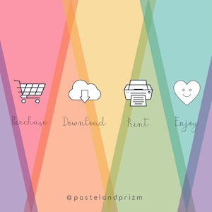 K&ouml;nnte beinhalten: Eine grafische Illustration, die die Schritte zum Kauf, Herunterladen, Drucken und Genie&szlig;en eines digitalen Produkts zeigt. Die Schritte werden durch Symbole dargestellt: ein Einkaufswagen, eine Wolke mit einem Download-Pfeil, ein Drucker und ein Herz mit einem Smiley. Die Texte "Kaufen", "Herunterladen", "Drucken" und "Genie&szlig;en" stehen unter jedem Symbol. Der Text "@pastelandprizm" befindet sich am unteren Rand des Bildes.