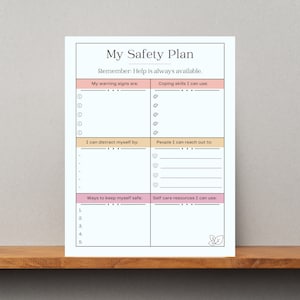 Pode incluir: Um papel branco intitulado "My Safety Plan" com texto e seções para preencher. O documento inclui instruções para sinais de alerta, habilidades de enfrentamento, distrações, contatos, medidas de segurança e recursos de autocuidado.