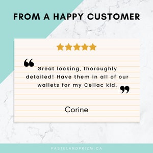 May include: A customer review graphic featuring the text FROM A HAPPY CUSTOMER, five gold stars, and a quote on lined paper: Great looking, thoroughly detailed! Have them in all of our wallets for my Celiac kid. Signed by Corine, with PASTELANDPRIZM.CA at the bottom.