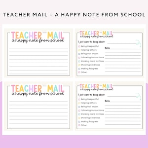May include: Four teacher mail notes with the text "Teacher Mail - A Happy Note From School". Each note has a lined section for writing and a checklist for positive behaviors. The notes are on a light purple background.