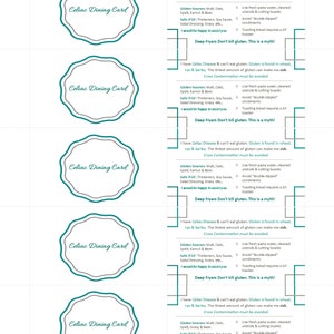 May include: Five identical Celiac Dining Cards arranged in a column. Each card features a scalloped edge and the text Celiac Dining Card. The reverse side lists gluten sources, safe ingredients, and cross-contamination warnings in English.
