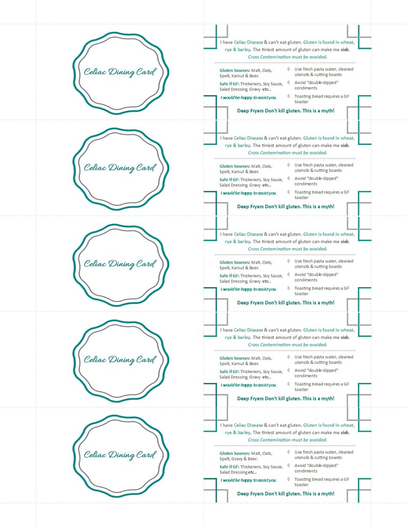 May include: Five identical Celiac Dining Cards arranged in a column. Each card features a scalloped edge and the text Celiac Dining Card. The reverse side lists gluten sources, safe ingredients, and cross-contamination warnings in English.