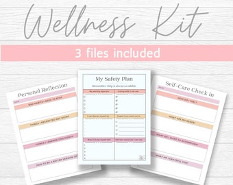 May include: A printable wellness kit with three worksheets: Personal Reflection, My Safety Plan, and Self-Care Check In. The worksheets are designed with a pink and white color scheme and feature a floral design.
