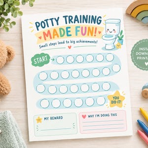 May include: A white potty training reward chart featuring the text POTTY TRAINING MADE FUN! and Small steps lead to big achievements! It includes a blue winding path of circles, a cartoon toilet, a START cloud, and a YOU DID IT star.