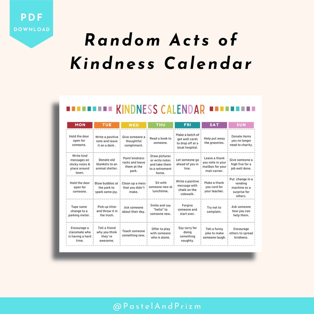 Kindness Calendar for Kids, Kindness Printable, Gratitude for Kids