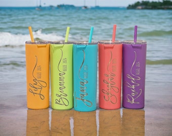 Laser engraved 20 oz personalized insulated stainless steel tumbler with straw/bachlorette/gift/girls trip/beach