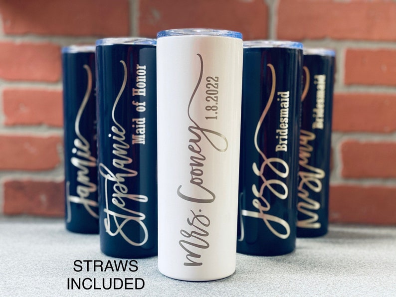 Laser engraved 20 oz  Personalized Tall Skinny insulated stainless steel tumbler/bridesmaid/bride tribe/bachlorette/girls trip 