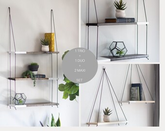Hanging Shelves | TRIO + DUO + 2 MAXI Shelf Set - Three Tiered Shelf  - Hanging Shelf - Wall Shelf - Wood Shelf - Plant Shelf