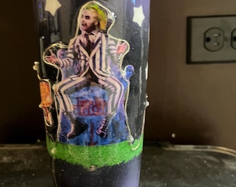 20 ounce Green light up BeetleJuice tumbler sandman parents haunted house glittery green gravestone bob bugs Halloween ghosts Lydia pumpkins
