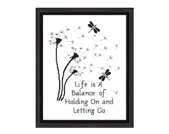 Dandelion Inspirational Quote Cross Stitch Pattern pdf - Life is a Balance of Holding On and Letting Go