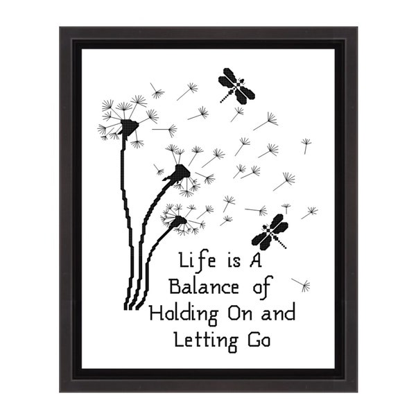 Dandelion Inspirational Quote Cross Stitch Pattern pdf - Life is a Balance of Holding On and Letting Go