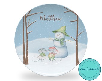 Personalized Christmas Mice and Snowman in the Meadow Plate - ThermoSaf® Plate, Kids Christmas Plate, Kids Dinnerware Set, First Christmas