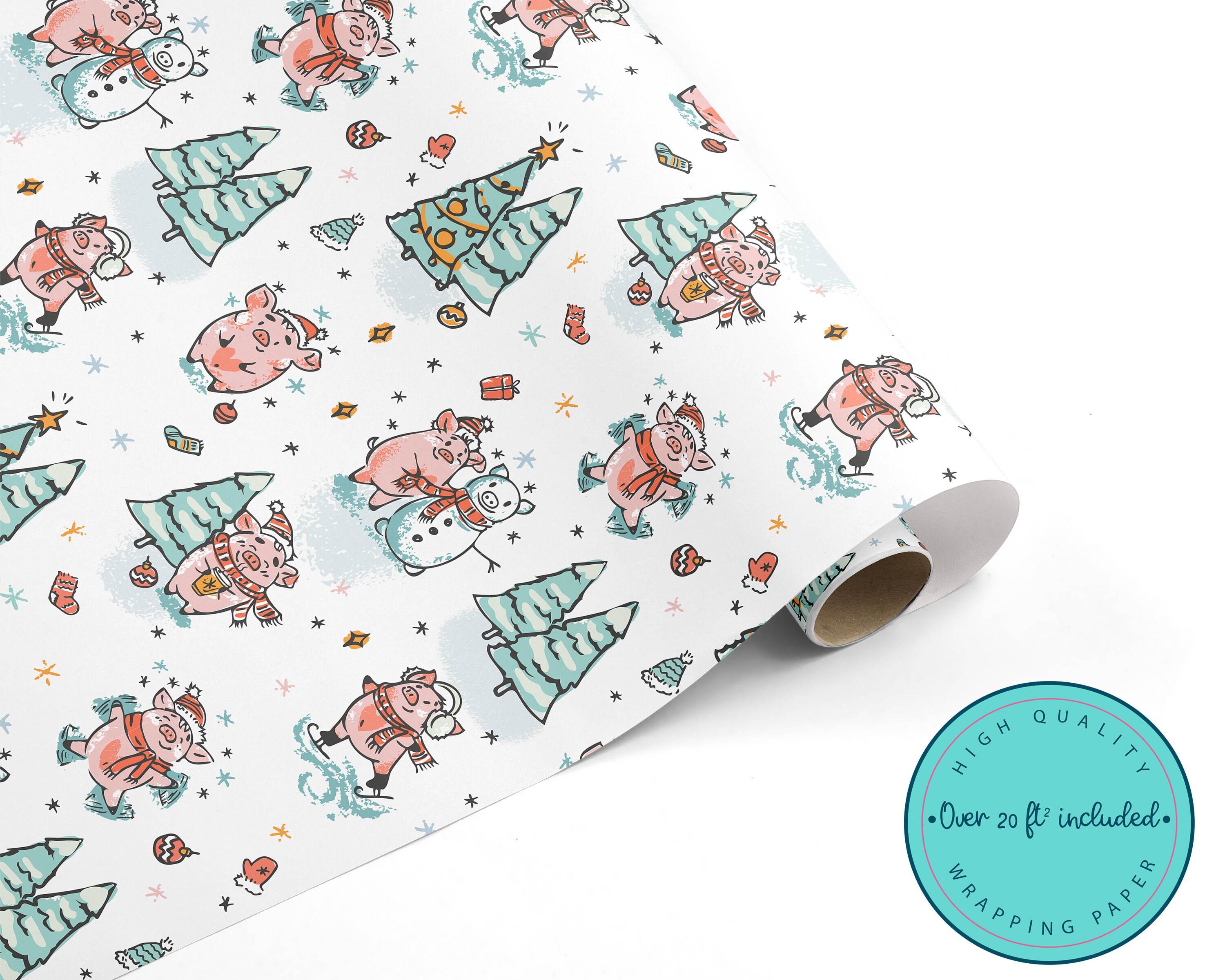 Cute Christmas Pig WRAPPING PAPER With Christmas Trees Skating