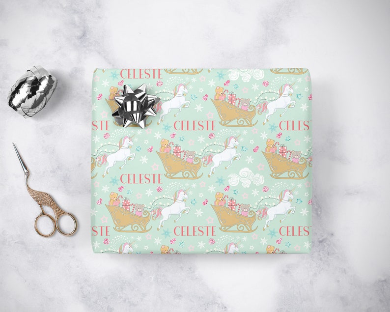 Personalized Christmas Unicorn Sleigh Wrapping Paper image 4