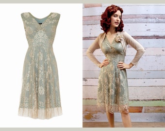 1940s vintage style lace dress in platinum and reef