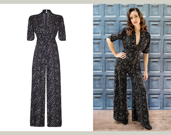 Jumpsuit in forties vintage style black and ivory heart print | Etsy