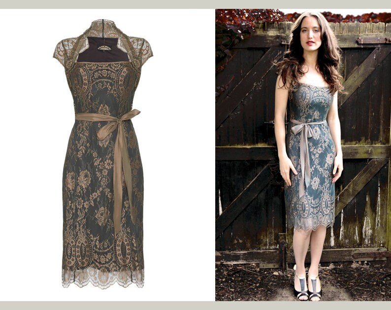 Image of Green & Gold Beautiful Vintage 's Style Lace Dress