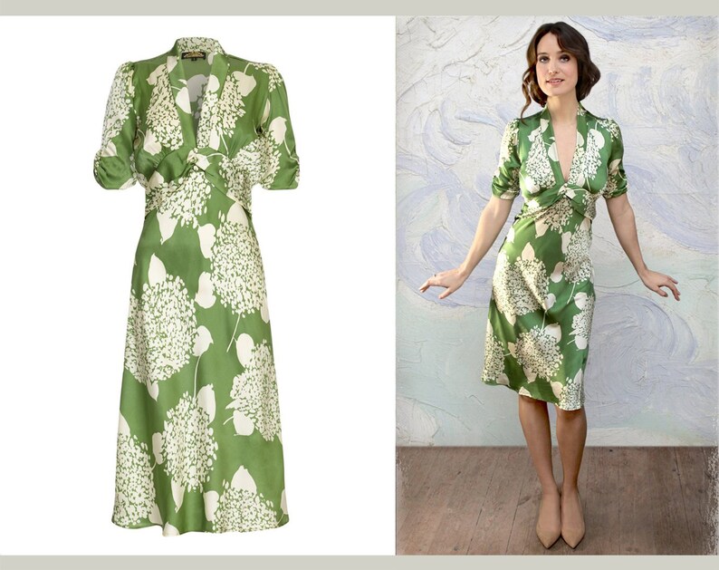 Vintage Style Dresses | Vintage Inspired Dresses     Classic vintage style tea dress in gorgeous green hydrangea print crepe.  AT vintagedancer.com