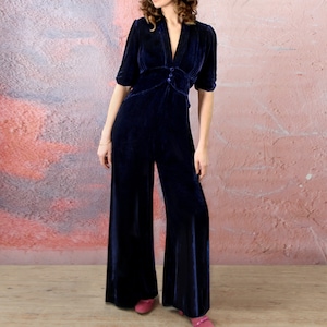 1950s Pants, Jeans, Jumpsuits- High Waist, Wide Leg, Capri, Pedal Pushers     Midnight blue vintage style velvet jumpsuit  AT vintagedancer.com