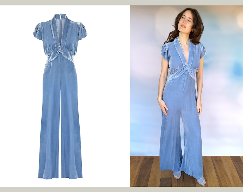 Vintage Wide Leg Pants & Beach Pajamas History     Cornflower blue vintage style silk velvet jumpsuit.  AT vintagedancer.com