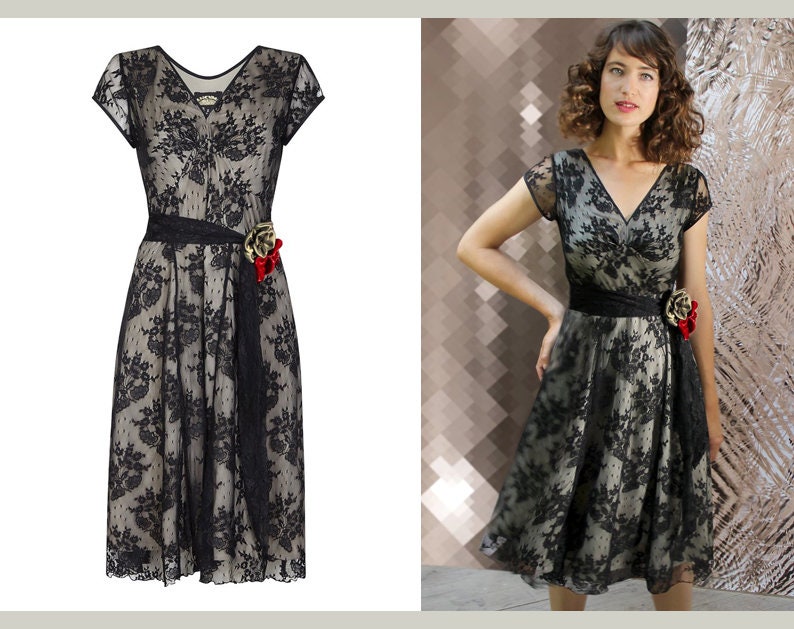Image of Corsage Detail Black Lace Dress