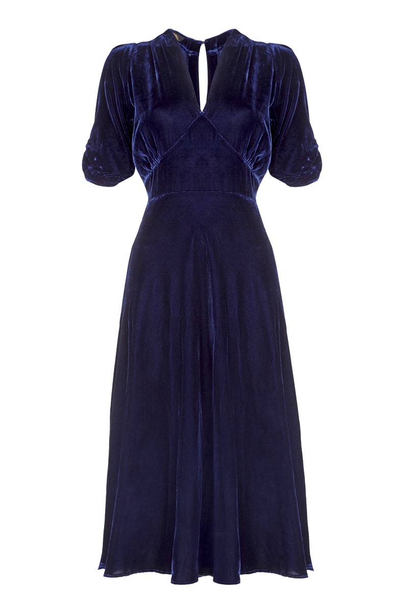 Vintage Cocktail Dresses, Party Dresses, Prom Dresses     1940s vintage style blue tea dress in midnight silk velvet  AT vintagedancer.com