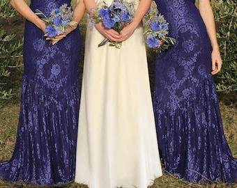 Bespoke Vintage Style Bridesmaid Dresses In Celeste Blue Lace With a Contrast Lining