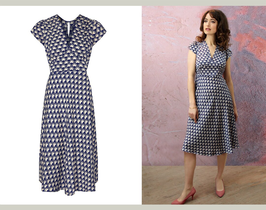 Classic Vintage Style Tea Dress in Retro French Navy Fan Print Etsy