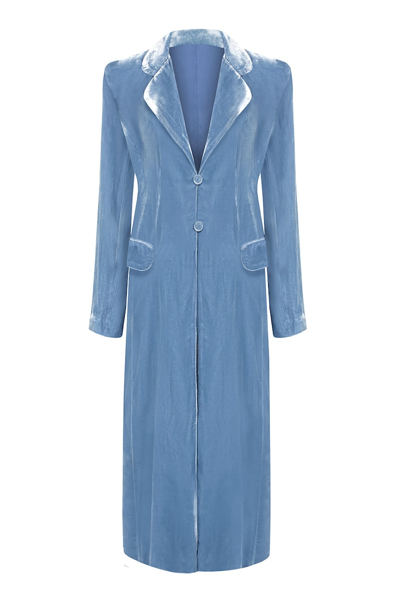 1930s Style Coats, Jackets | Art Deco Outerwear     Cornflower Blue silk velvet coat  AT vintagedancer.com