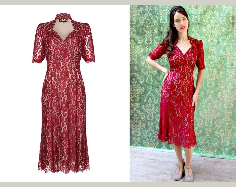 Image of Gorgeous 's Style Lace Dress in Ruby With Contrast Souchong Lining