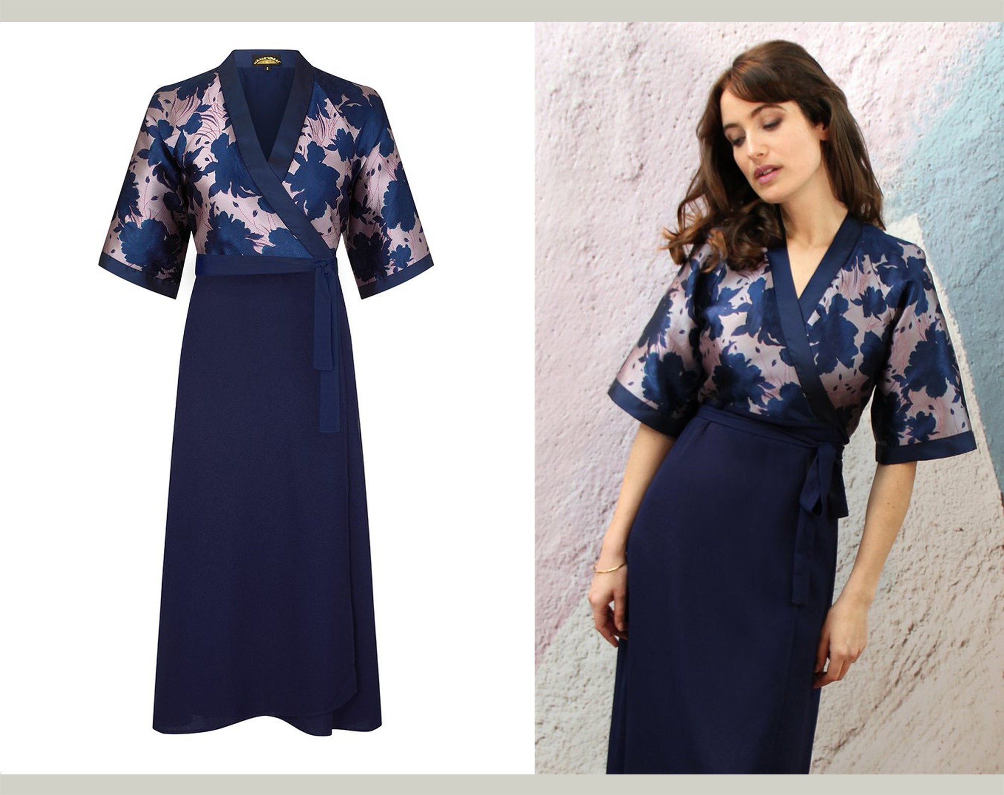 Image of Chic 's Vintage Style Floral Wrap Dress in Midnight & Silvery Purple Rose Brocade