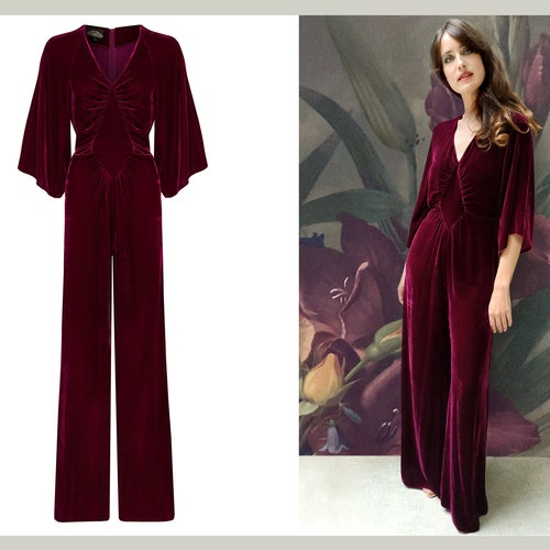 Vintage Style Silk Velvet Ruby Red Jumpsuit Forties Style Etsy