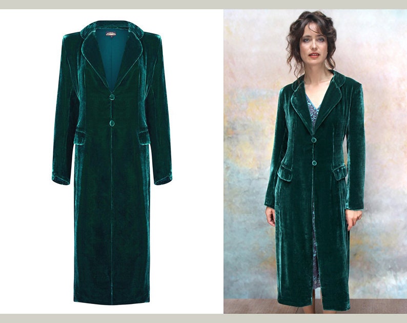 1940's Vintage Style Coat in Peacock Green Velvet