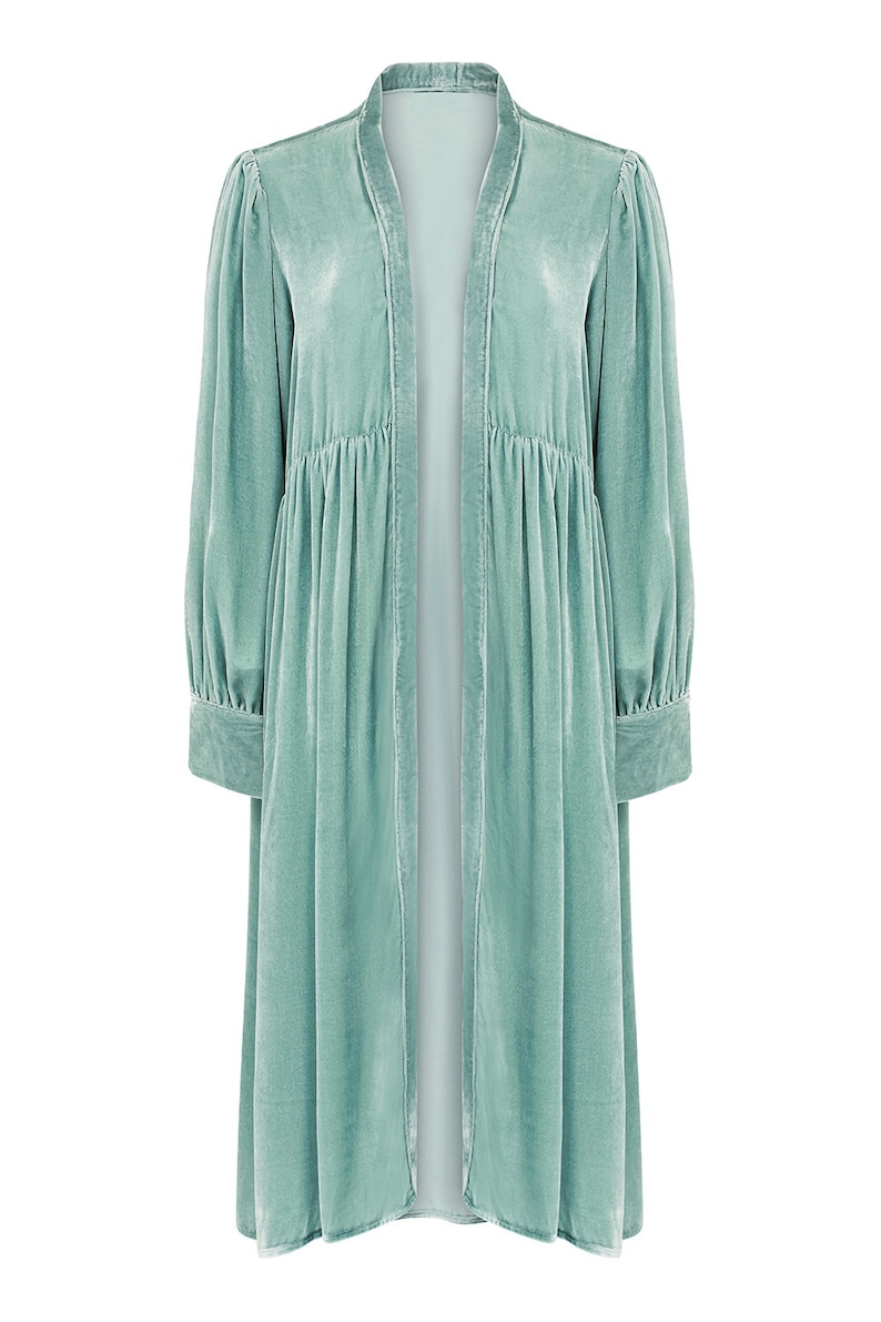 1920s Coats, Flapper Coats, 20s Jackets     Sumptuous silk velvet duster coat in seafoam silk velvet  AT vintagedancer.com