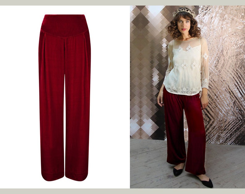 Image of Sumptuous Silk Velvet Palazzo Pants in Deep Red