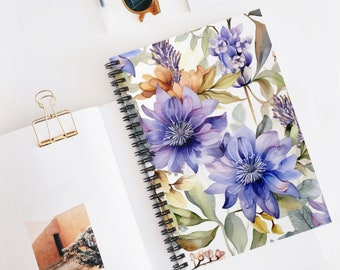 Beautiful Blue Purple Watercolor Flowers Spiral Notebook - Ruled Line <3