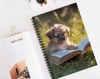 Cute Dog Enjoying Reading in the Park Spiral Notebook - Ruled Line