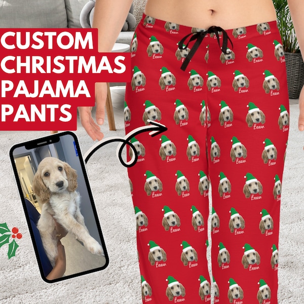 Custom Pet Portrait Christmas Pajama Pants - Your Pets Photo + Name Custom Dog/Cat/Pet Personalized Pajama Christmas Gift