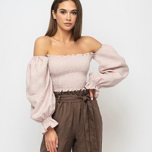 Dusty Pink Linen Smocked Top Off Shoulders / Linen Top Puffy Sleeves image 4